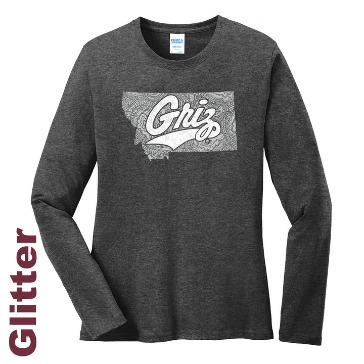 Blue Peaks Creative's dark heather grey Ladies' Long Sleeve Cotton T-shirt with the Paisley Montana Griz Script design in grey and white
