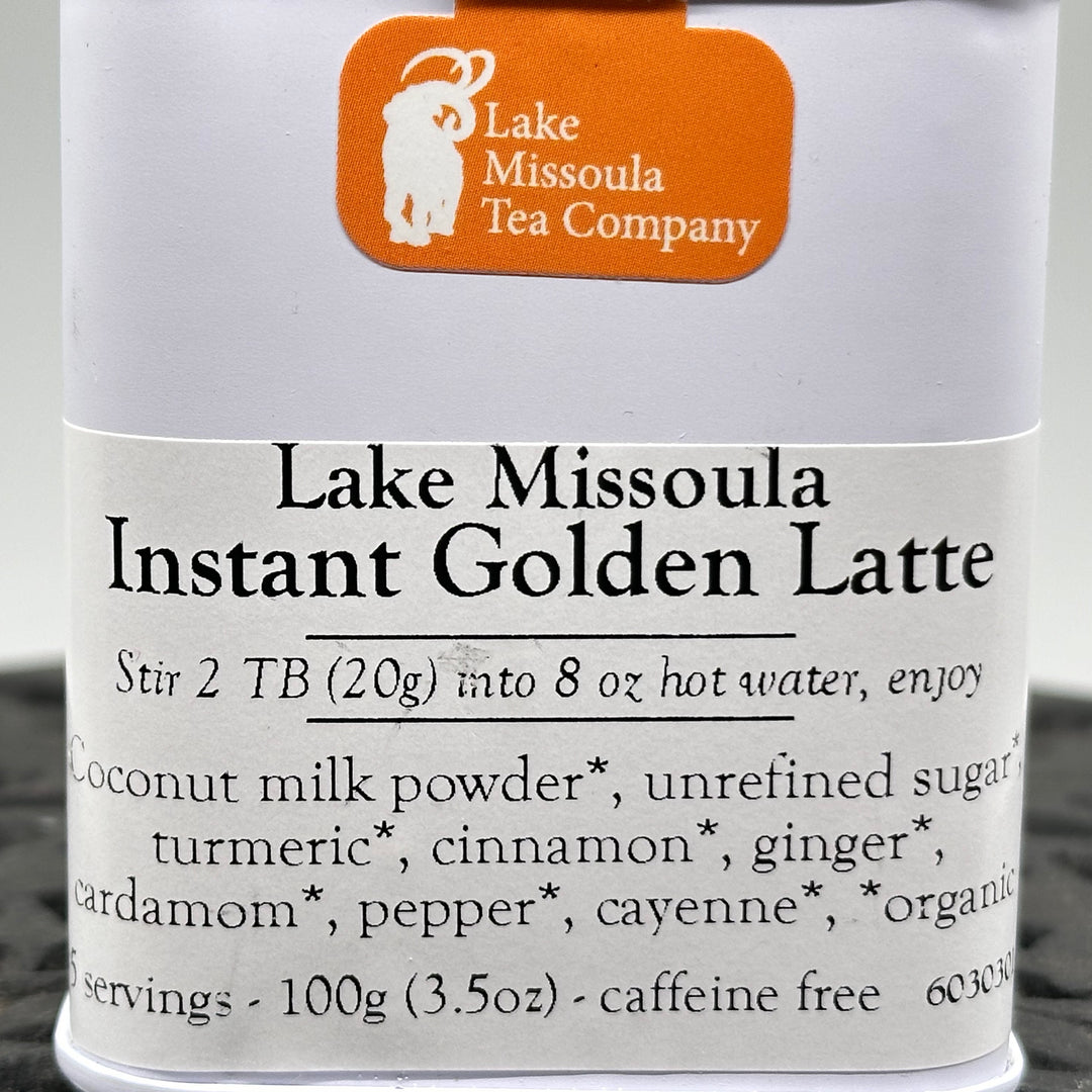 3.5 oz tin of Instant Golden Latte from Lake Missoula Tea Company—the perfect gift of Montana tea; image depicts the ingredients list