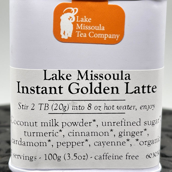 3.5 oz tin of Instant Golden Latte from Lake Missoula Tea Company—the perfect gift of Montana tea; image depicts the ingredients list