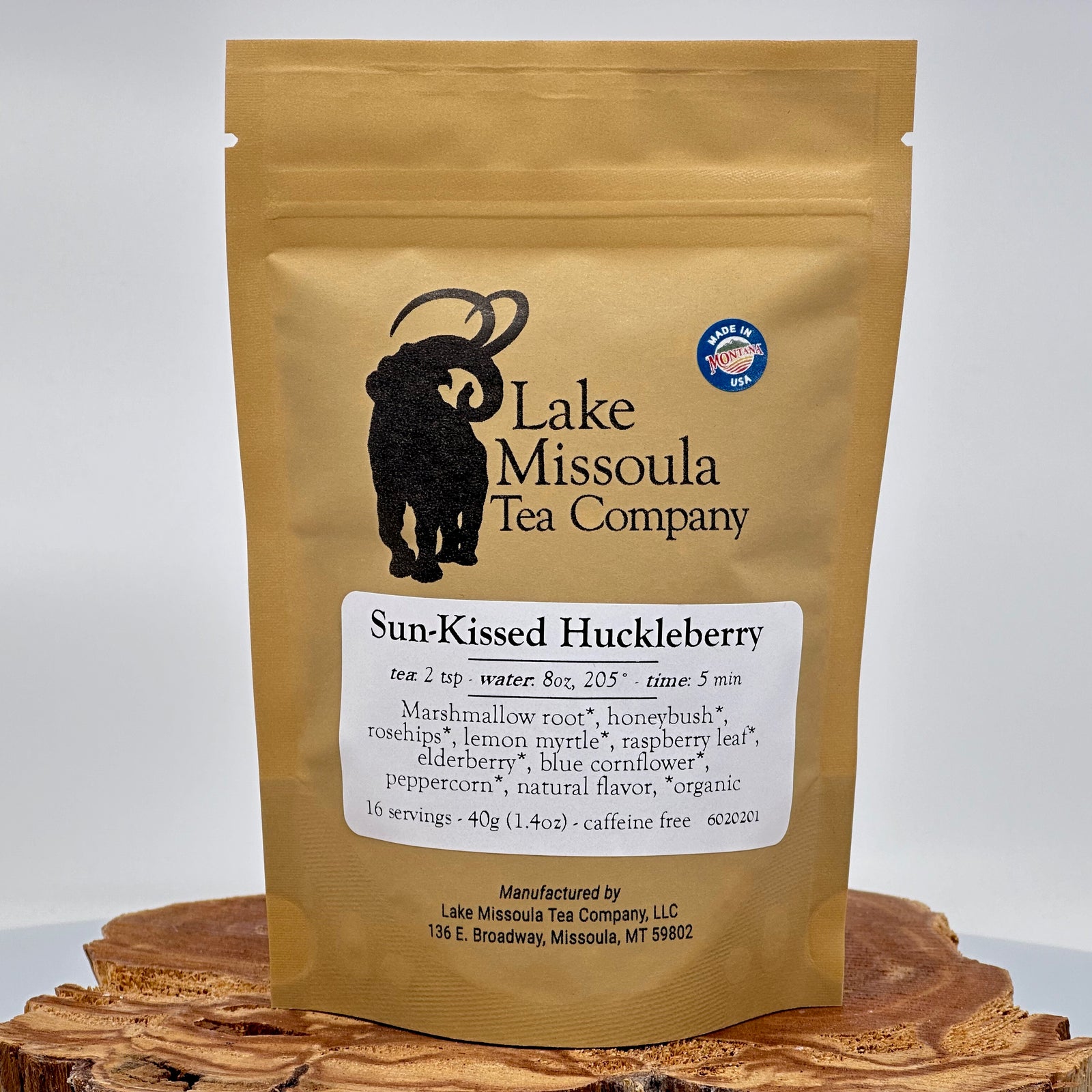 1.4 oz. bag of Lake Missoula Tea Co. Sun-Kissed Huckleberry Tea--the perfect gift of Montana tea; image depicts the front of the bag