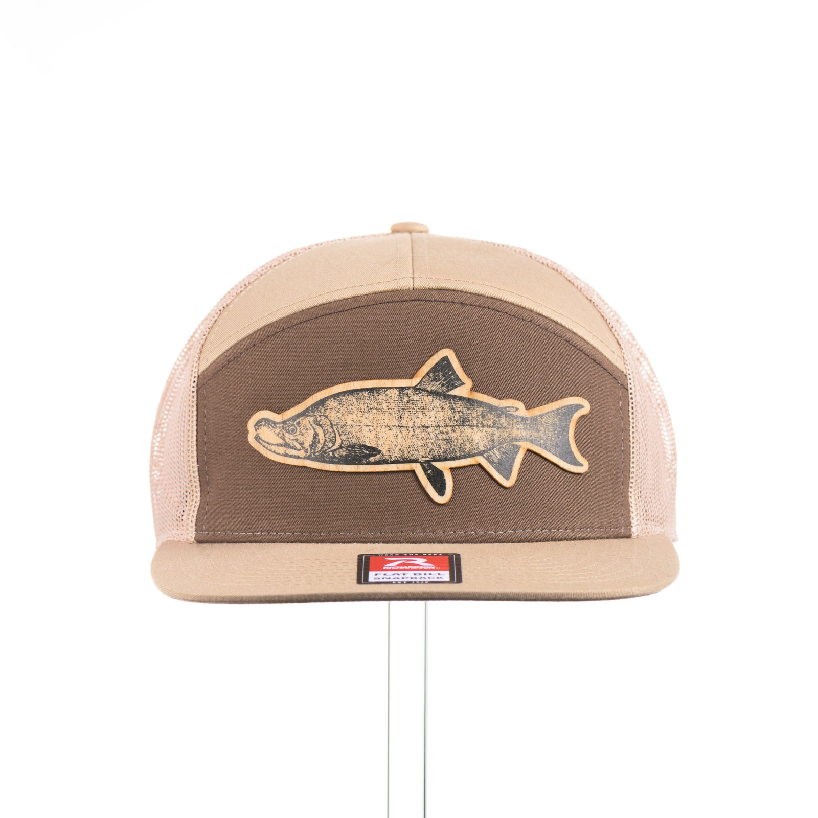Flexwood Chinook Richardson Flat Bill Trucker Cap featuring a premium flexwood patch in the shape of a Chinook salmon, handmade in Montana, USA by Last Best Supply Co.