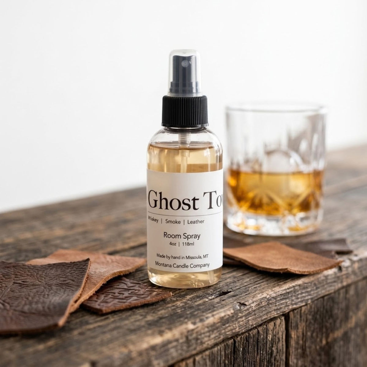 Elevate your space with Ghost Town Room Spray by Montana Candle Company. Handcrafted in Montana with bold notes of whiskey, smoke, and fine leather.