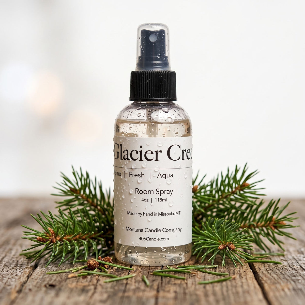 Freshen your home with Glacier Creek Room Spray by Montana Candle Company. Crisp notes of alpine, fresh greens, and aqua. Handmade in Montana, USA.