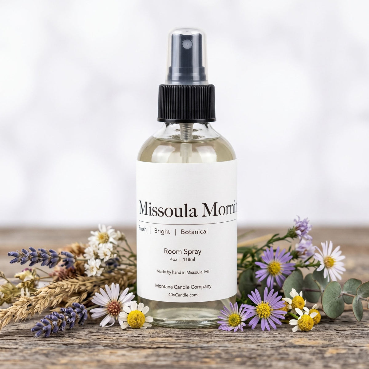 Brighten your home with Missoula Mornings Room Spray by Montana Candle Company. Fresh, botanical 4 oz spray handmade in MT to refresh any space instantly.
