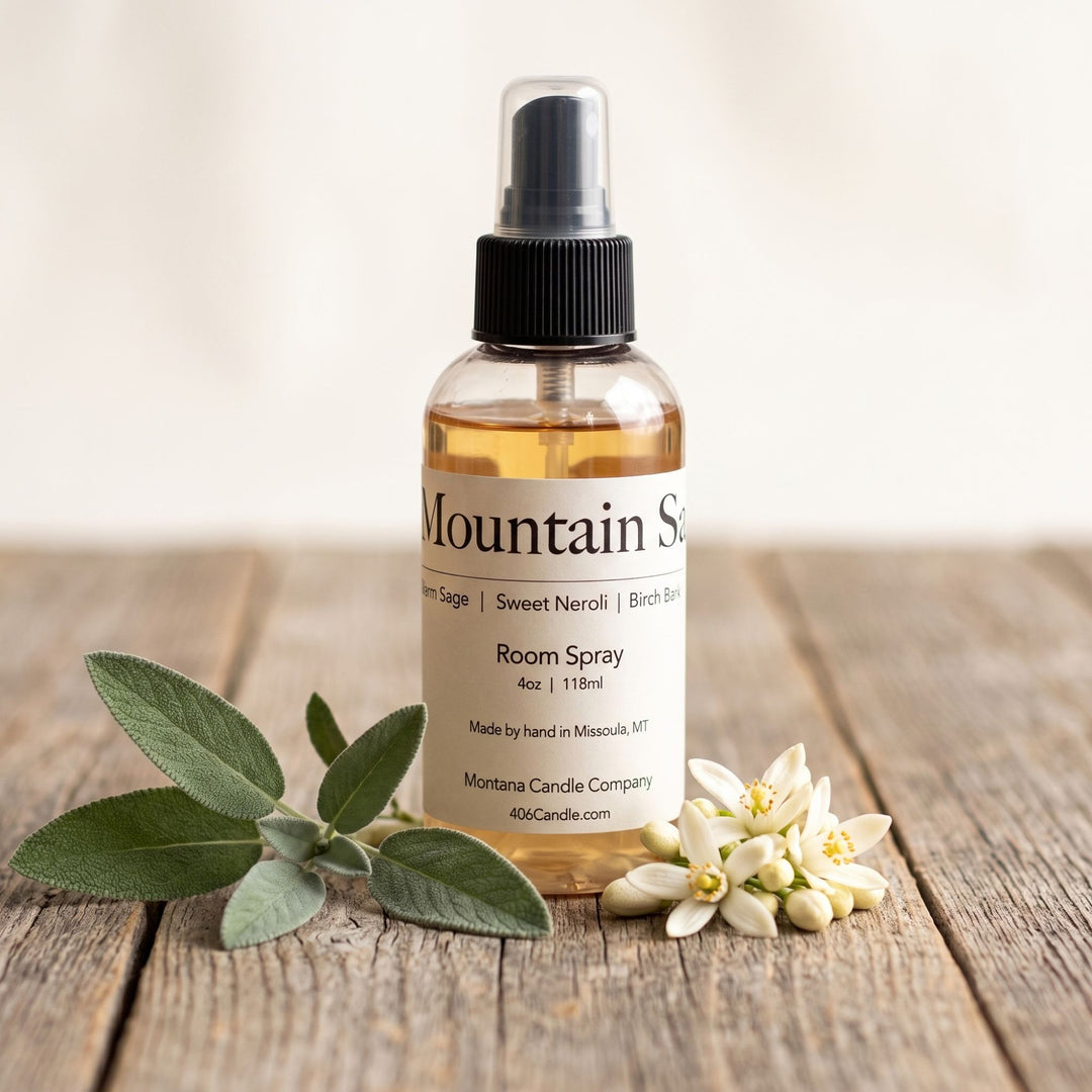 Experience the refreshing aroma of Mountain Sage with this 4 oz room spray by Montana Candle Company. Notes of white sage, sweet neroli, and birch bark. Handmade in the USA.