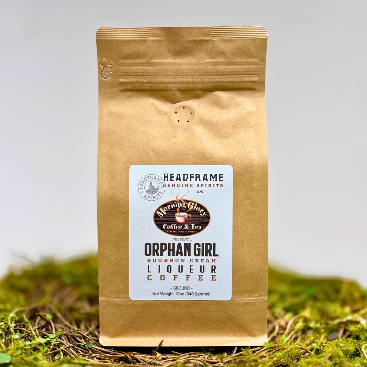 Brown Coffee Packaging with the Label Orphan Girl Liqueur Coffee Ground