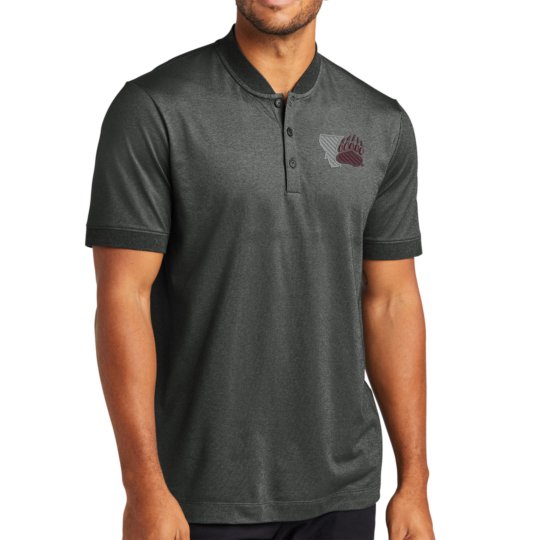 Blue Peak Creative's grey Stretch Pique Henley embroidered with the Montana Paw design in silver and maroon