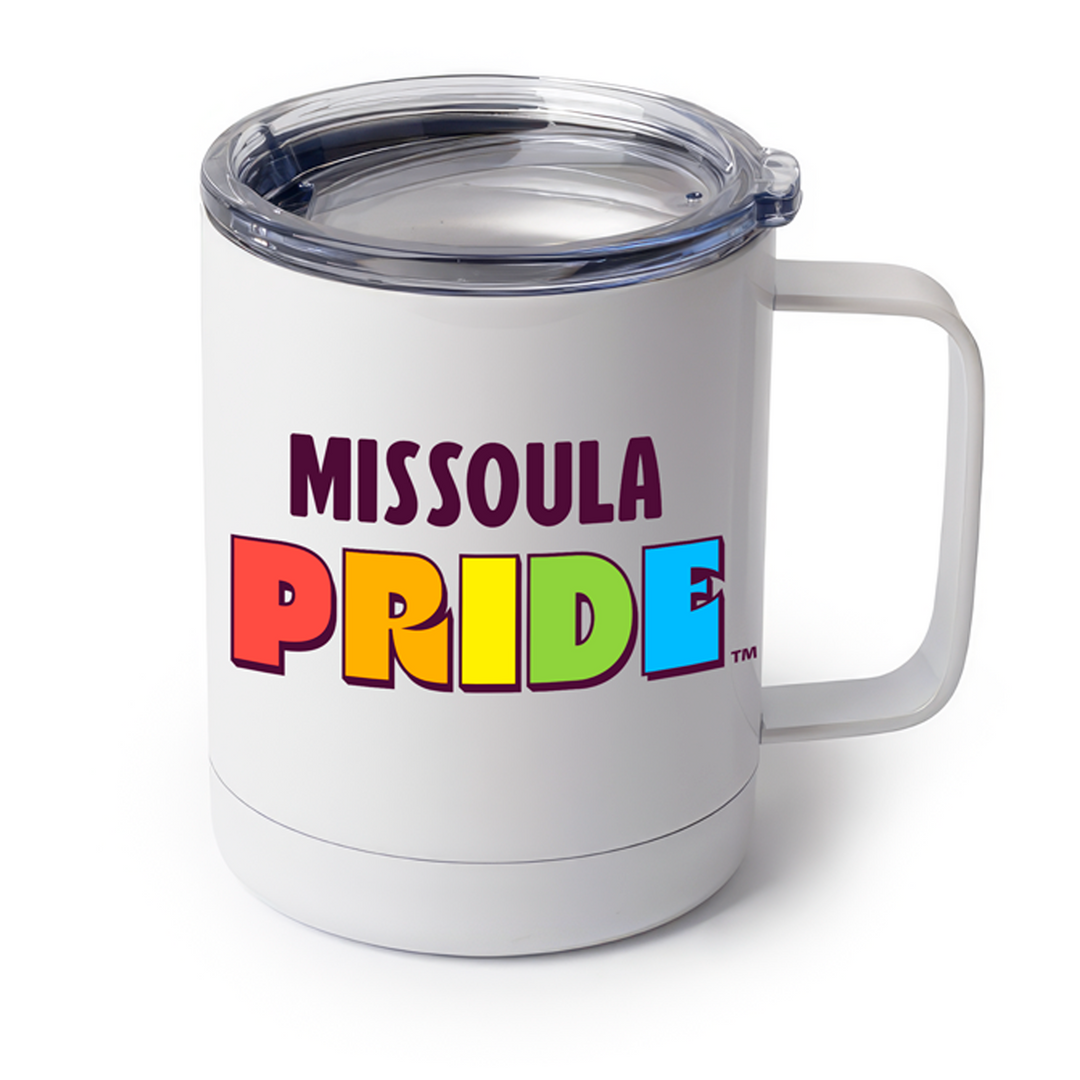 White stainless steel mug featuring the Missoula PRIDE logo