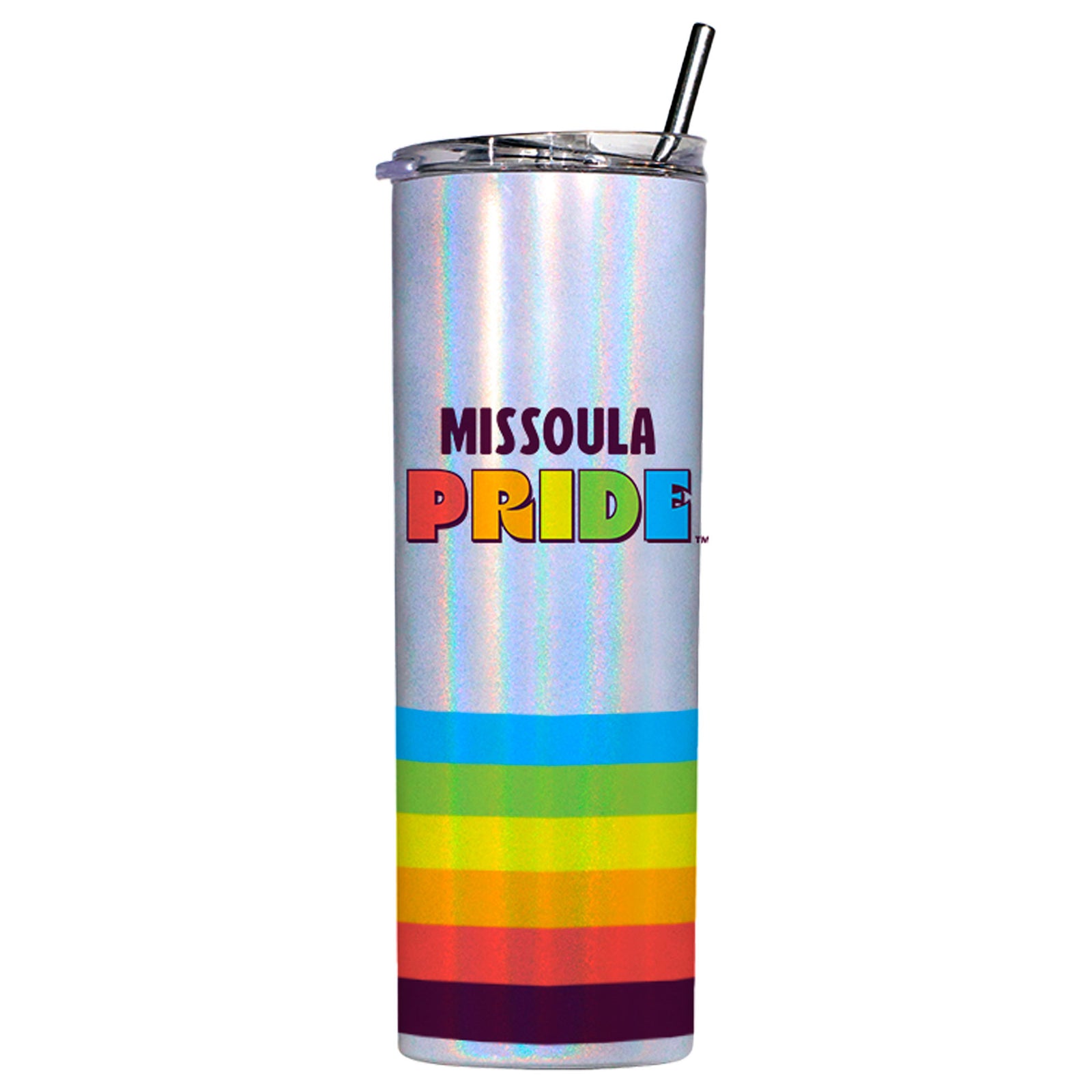 20 oz. shimmer and rainbow tumbler with lid and stainless steel straw featuring the Missoula PRIDE logo