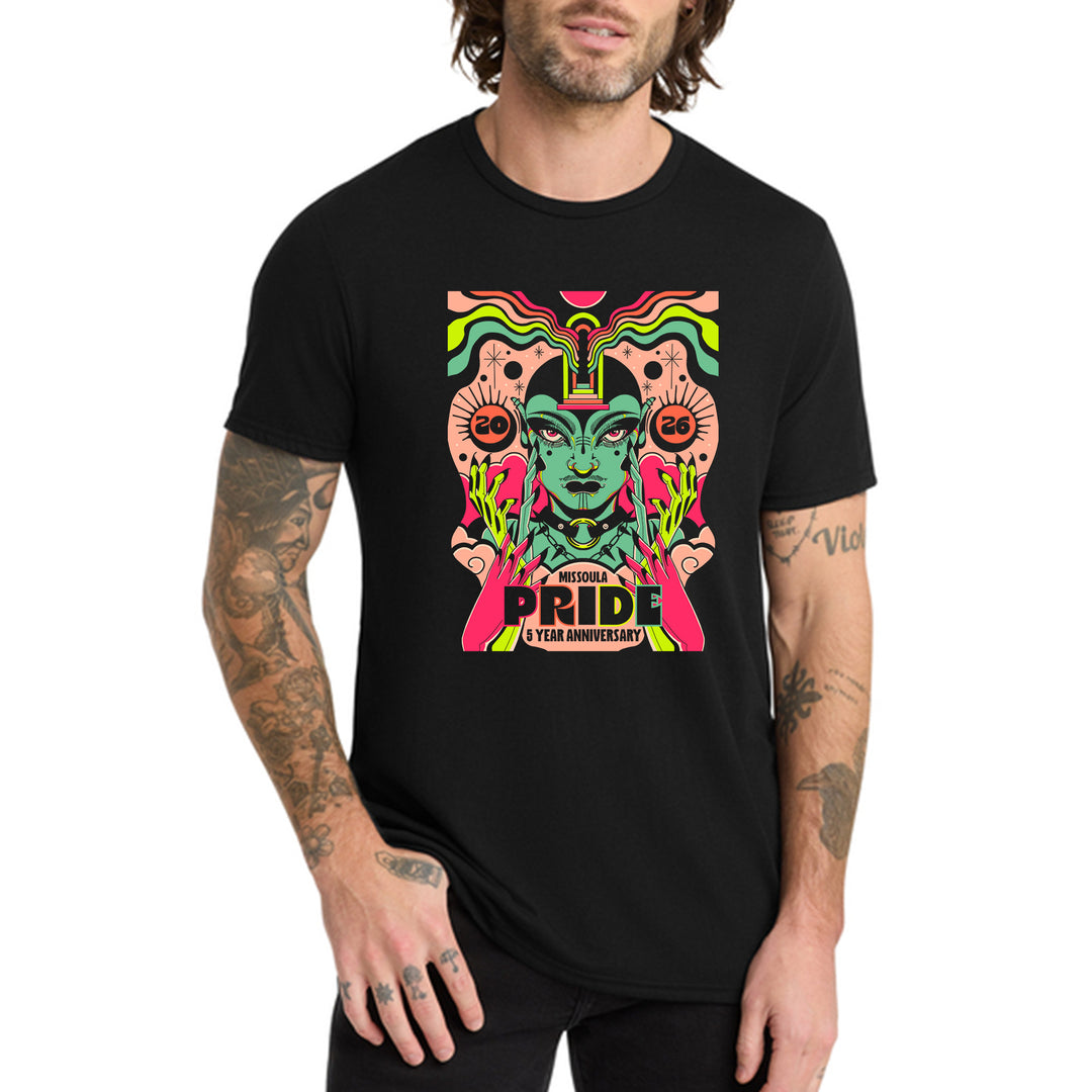 Black t-shirt with colorful graphic design and &