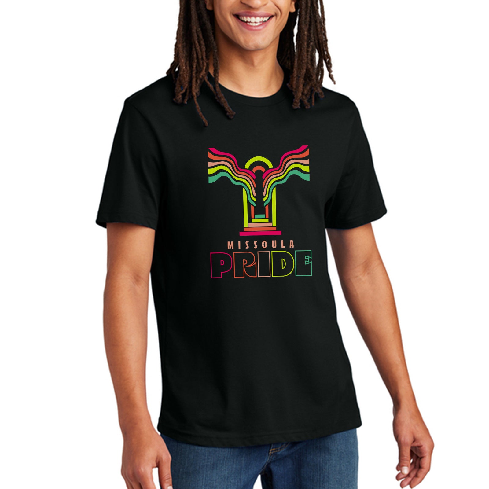 Person wearing a black t-shirt with 'Missoula Pride' design on a white background