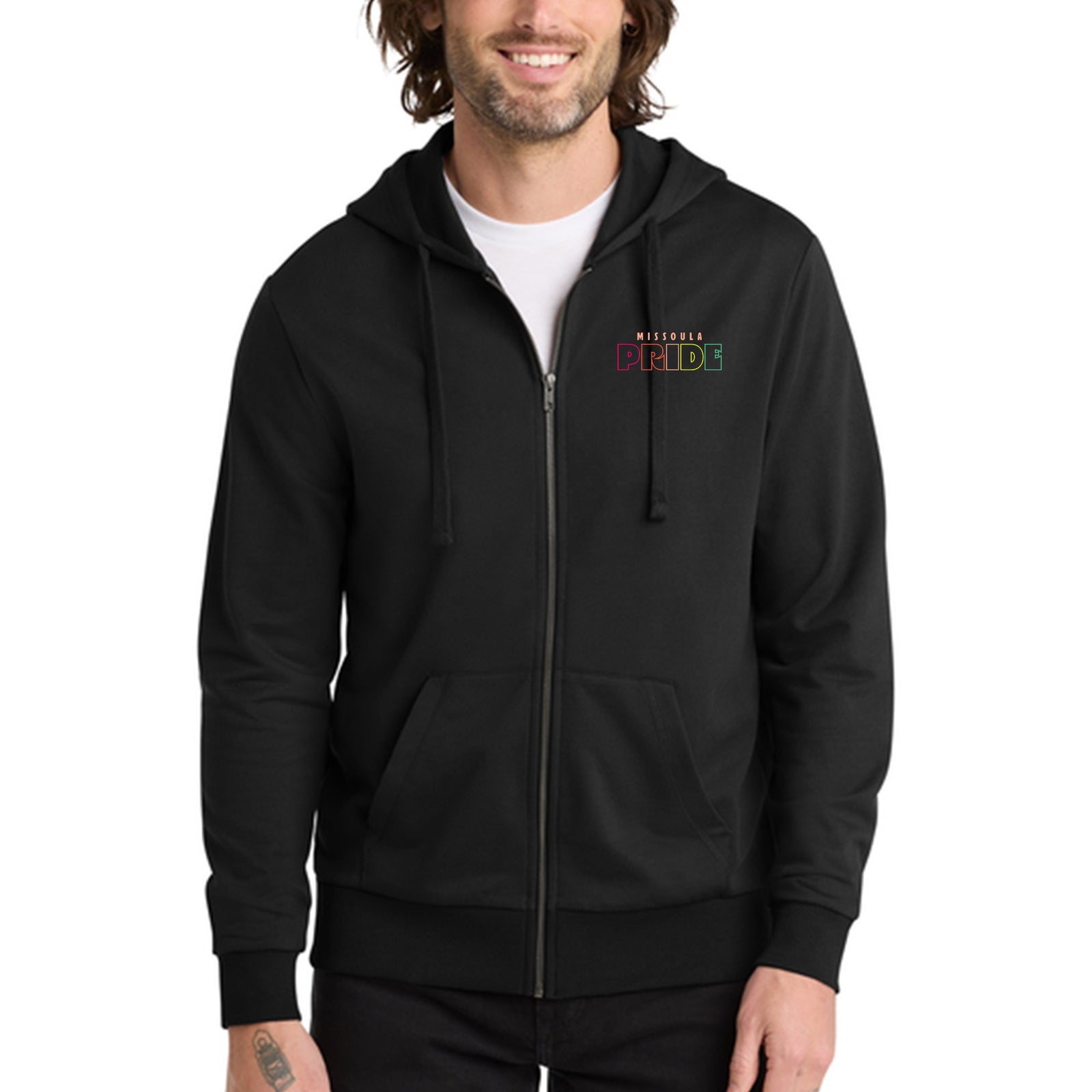 Person wearing a black hoodie with Missoula Pride text on a white background