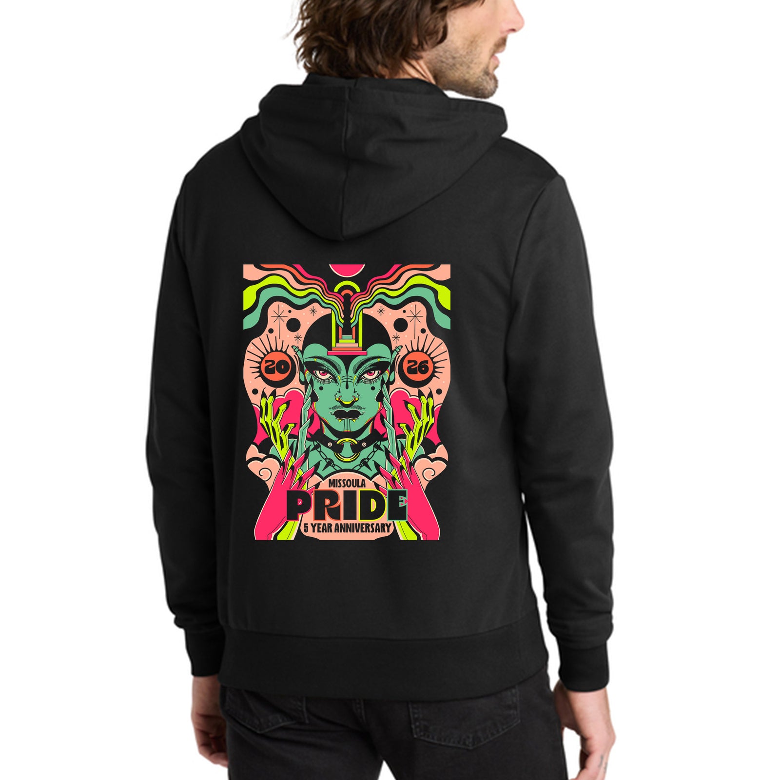 Black hoodie with colorful graphic design on the back, featuring a face and the word Missoula Pride 5 year Anniversary.