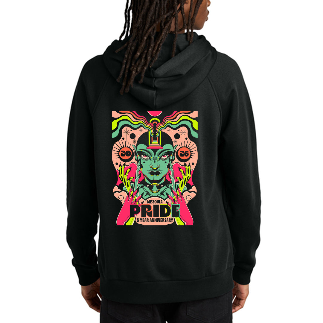 Black hoodie with colorful graphic design on the back, featuring a face and text reading Missoula Pride 5 Year Anniversary