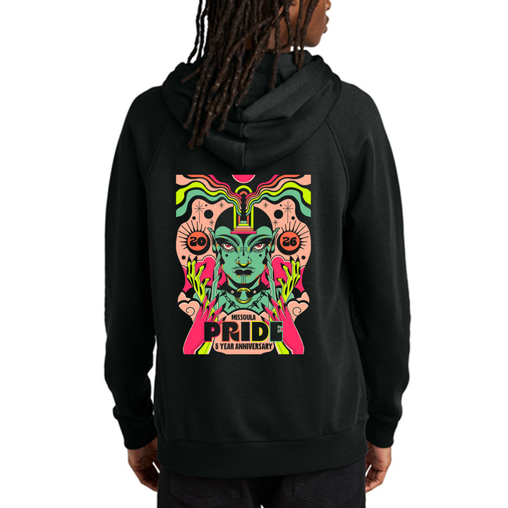 Black hoodie with colorful graphic design on the back, featuring a face and text reading Missoula Pride 5 Year Anniversary