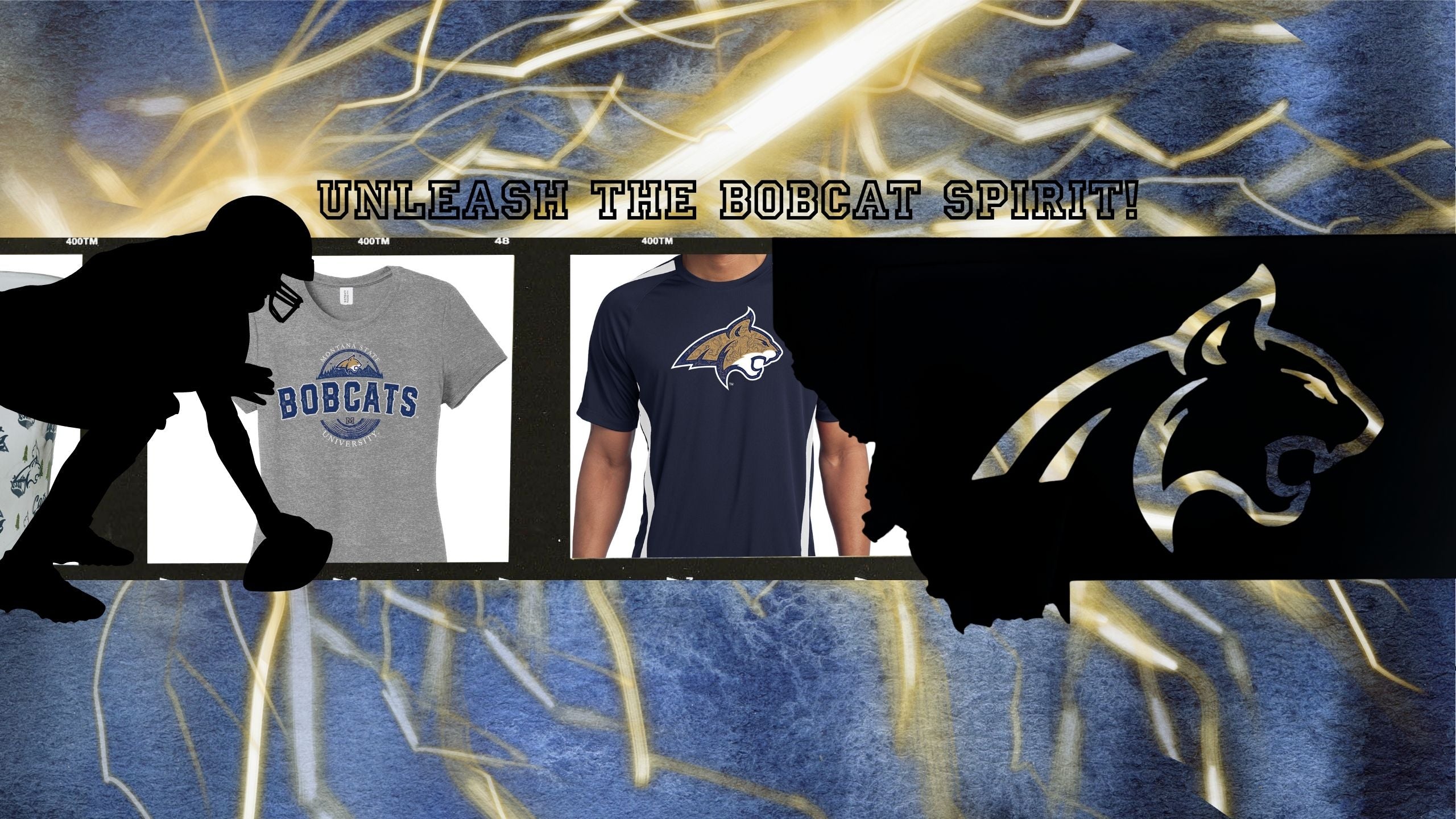 Promotional graphic for officially licensed MSU Bobcats-themed products with silhouettes and text on a blue and gold abstract background.