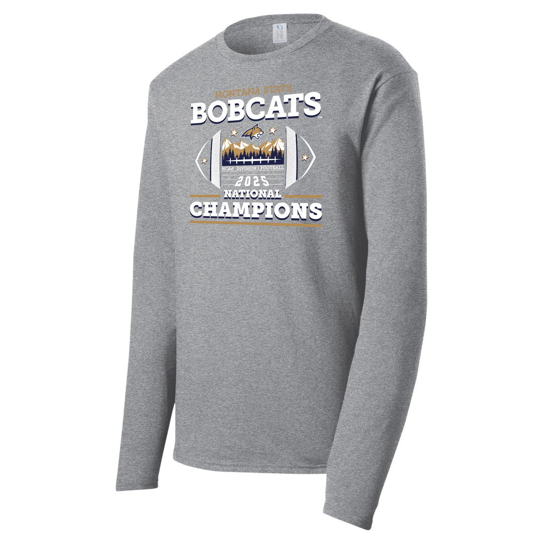 Gray long-sleeve cotton tshirt with 'Bobcats 2025 National Champions' text and graphics on a white background