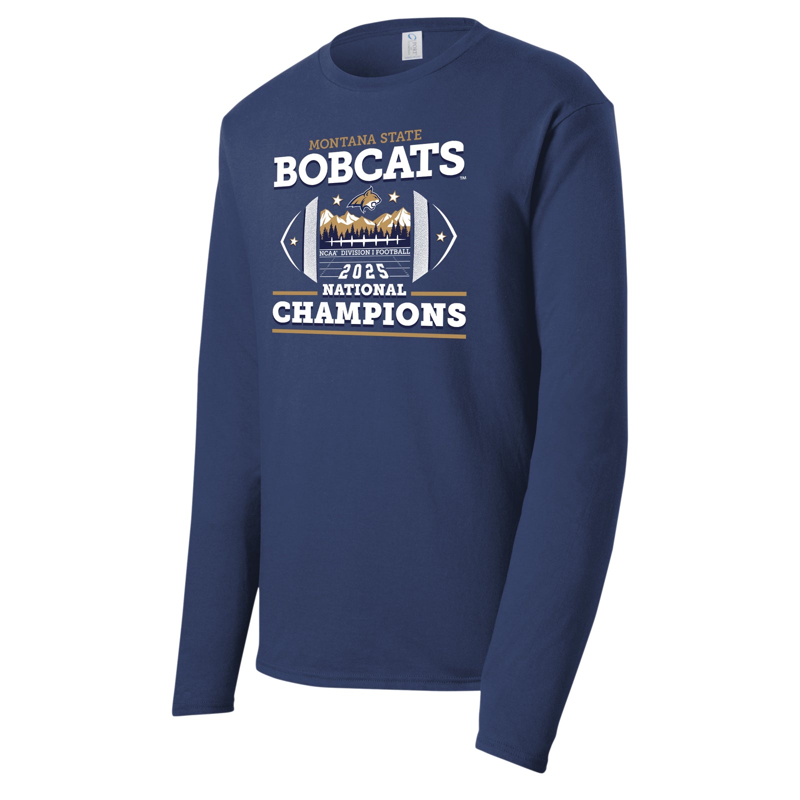 Navy blue long-sleeve tshirt with 'Montana State Bobcats 2025 National Champions' text on a white background