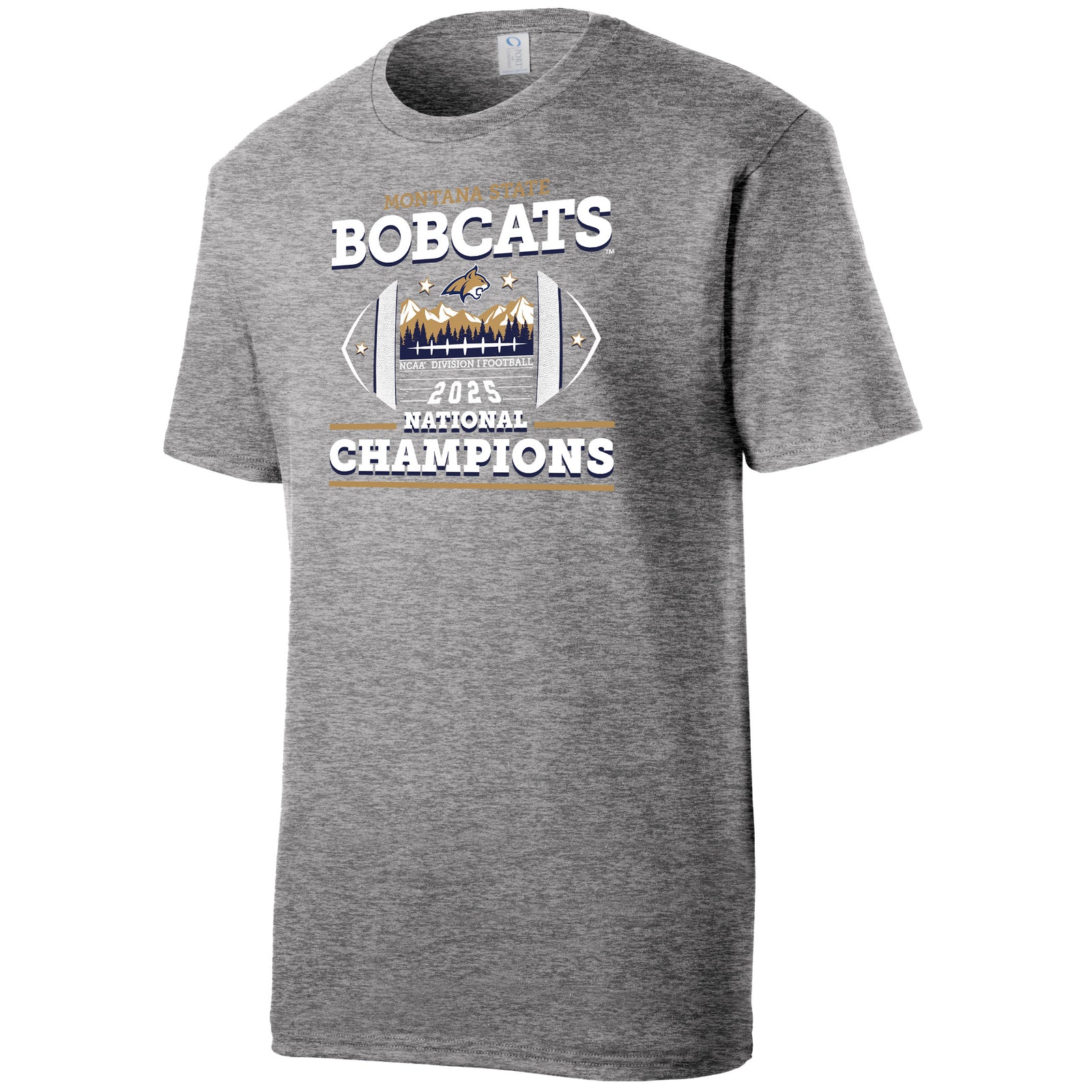 This is a short-sleeved crew neck t-shirt made of a soft, slightly textured heather gray fabric. The front chest features a large, smooth-textured screen print. You can feel the bold, blocky lettering of "Bobcats" at the top and "Champions" at the bottom. In the center is a detailed football-shaped graphic with a slightly raised feel, depicting sharp mountain peaks and the Bobcat mascot.