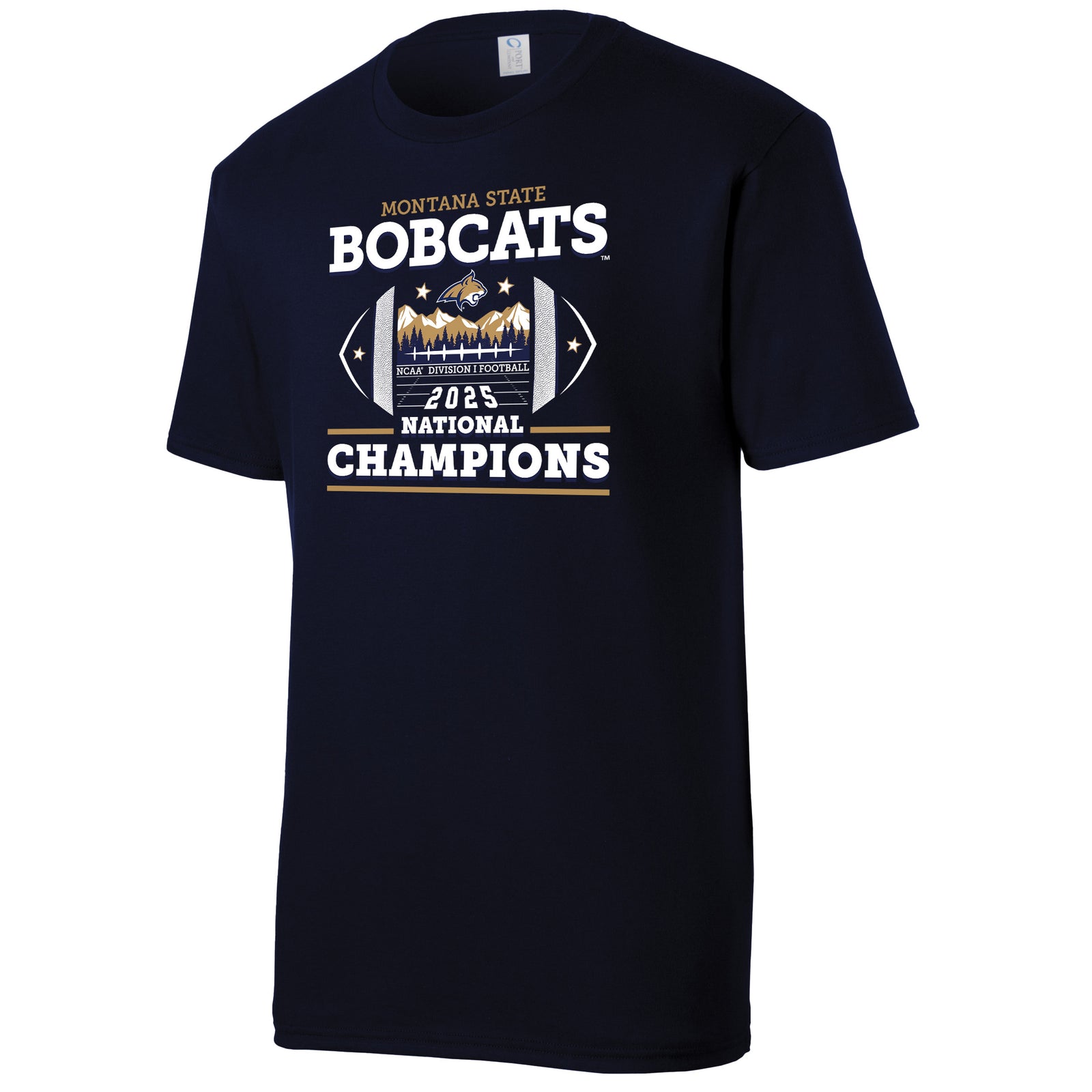 This is a short-sleeved crew neck t-shirt made of a soft navy blue fabric. The front chest features a large, smooth-textured screen print. You can feel the bold, blocky lettering of "Bobcats" at the top and "Champions" at the bottom. In the center is a detailed football-shaped graphic with a slightly raised feel, depicting sharp mountain peaks and the Bobcat mascot.