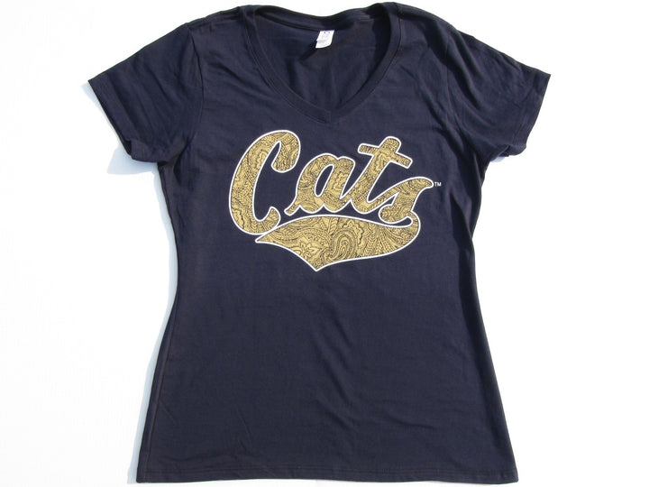 Navy blue t-shirt with 'Cats' in gold on a white background