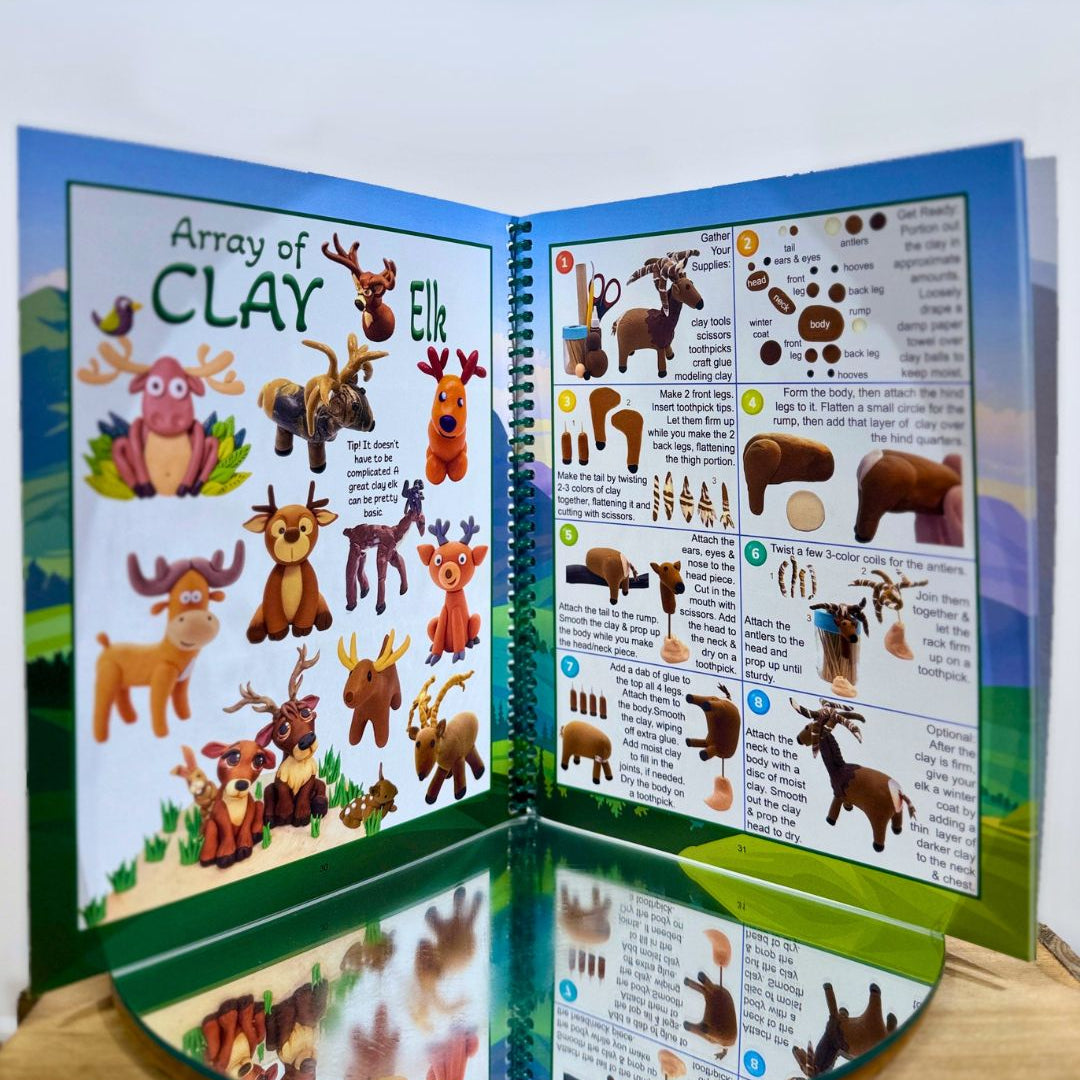 A picture of the inside of a booklet for crafting clay animals, showcasing how to make a clay elk