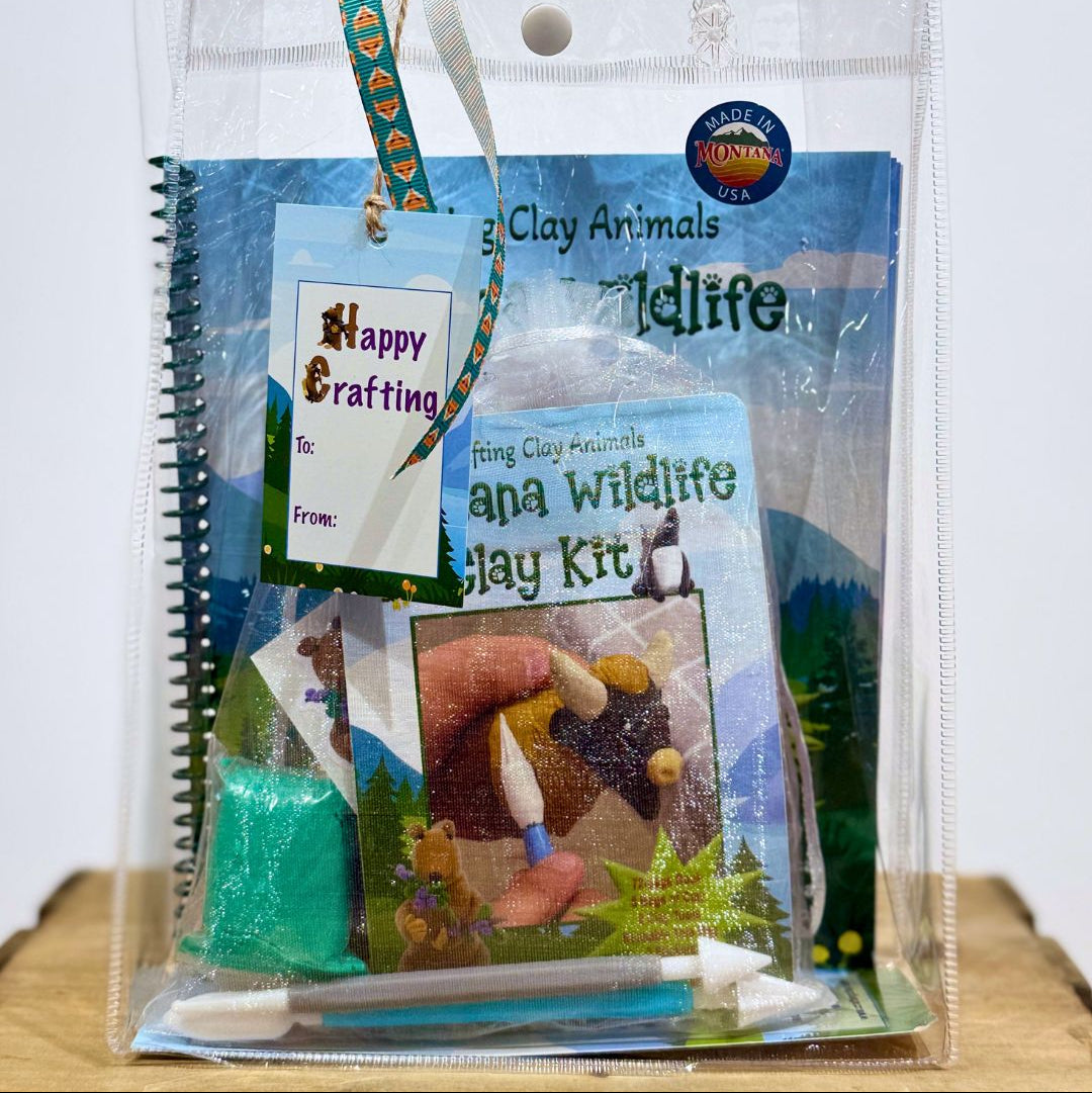 A picture of the full clay crafting kit in a clear plastic tote bag with booklet and tools