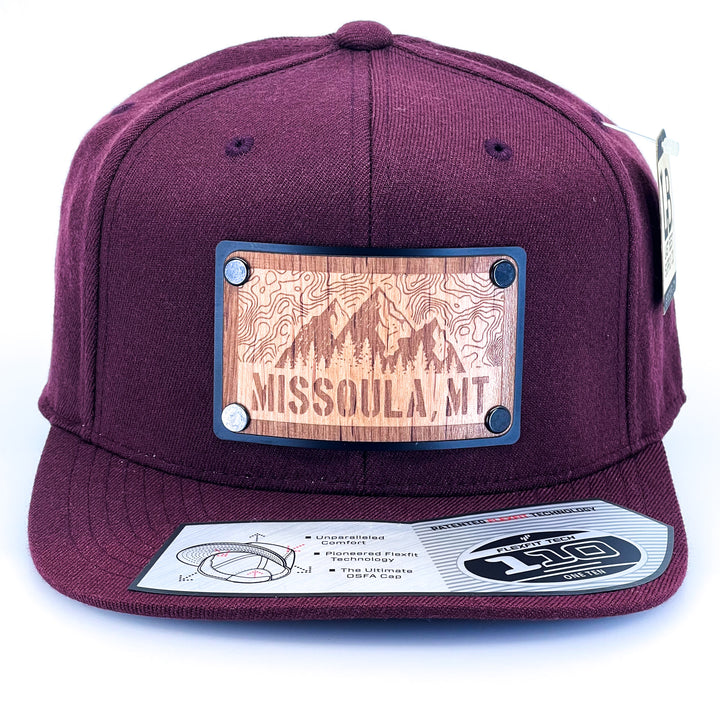 Missoula Mountains Etched Wood Patch Plate Maroon Flat Bill Hat