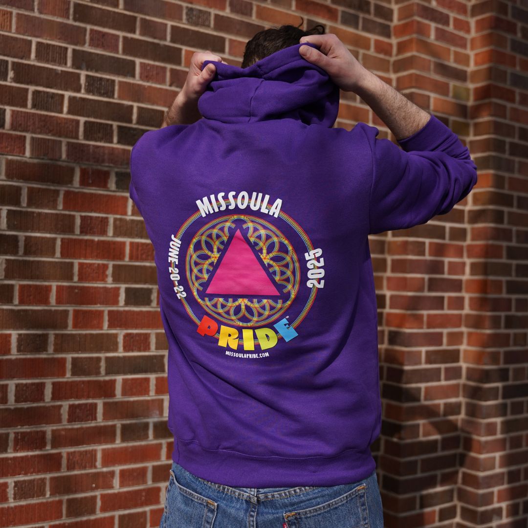 Missoula Pride 2025 Unisex Pullover Hoodie featuring the 2025 Missoula Pride design by local artist T.Lyle, designed and decorated in Missoula, MT, USA