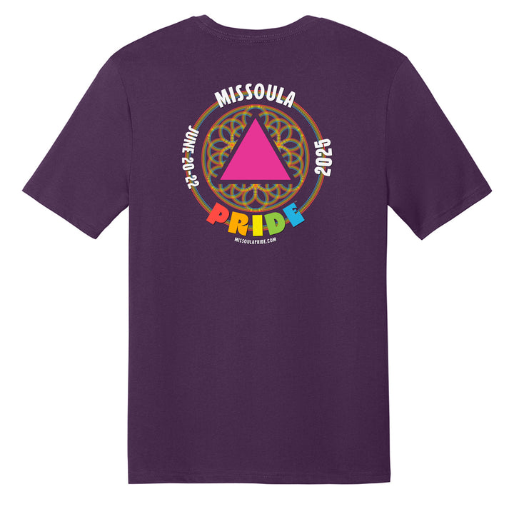 Missoula Pride 2025 Unisex T-Shirt featuring the 2025 Missoula Pride design by local artist T.Lyle, designed and decorated in Missoula, MT, USA