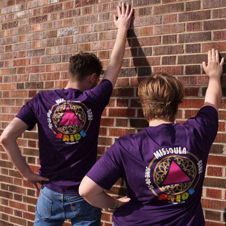 Missoula Pride 2025 Unisex T-Shirt featuring the 2025 Missoula Pride design by local artist T.Lyle, designed and decorated in Missoula, MT, USA