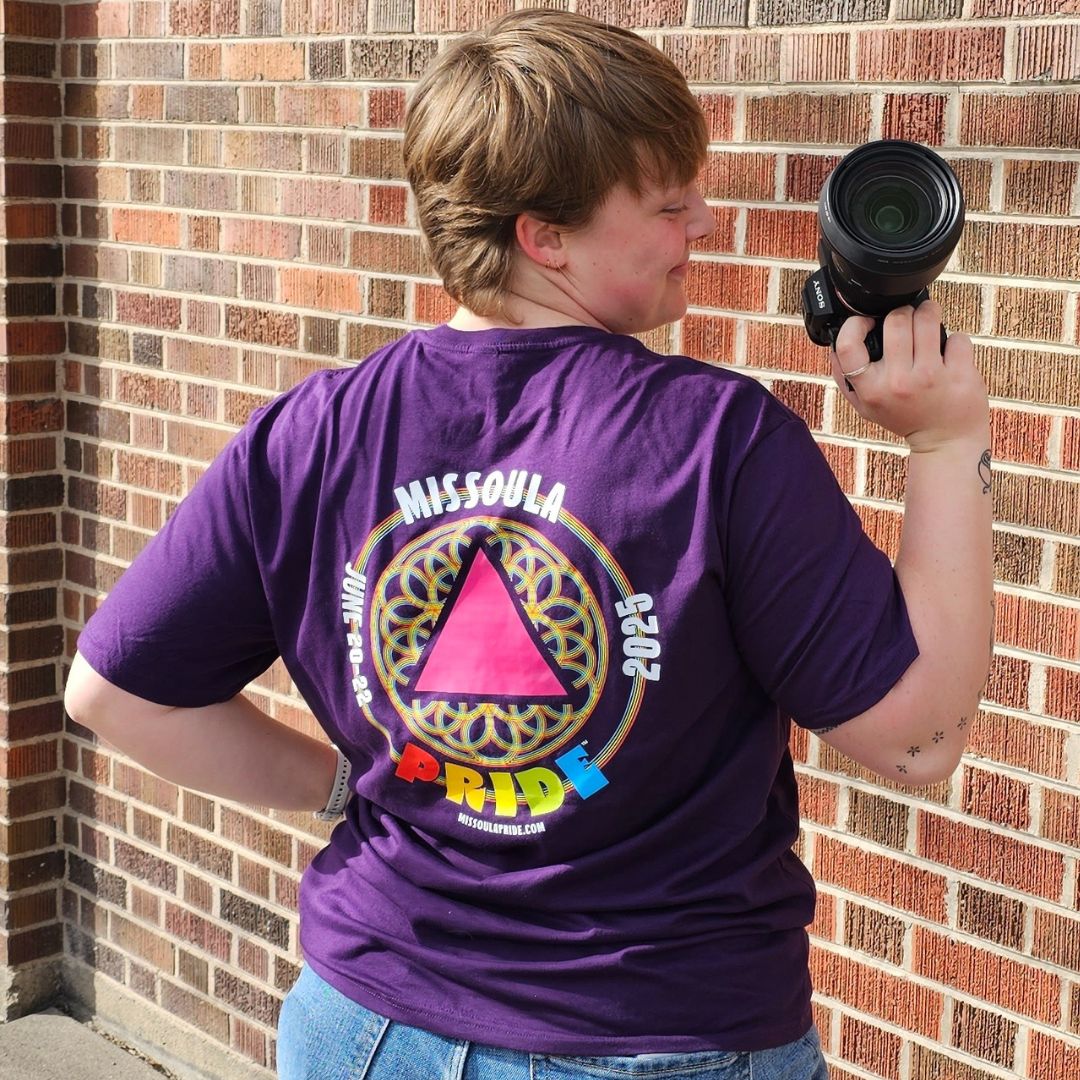 Missoula Pride 2025 Unisex T-Shirt featuring the 2025 Missoula Pride design by local artist T.Lyle, designed and decorated in Missoula, MT, USA