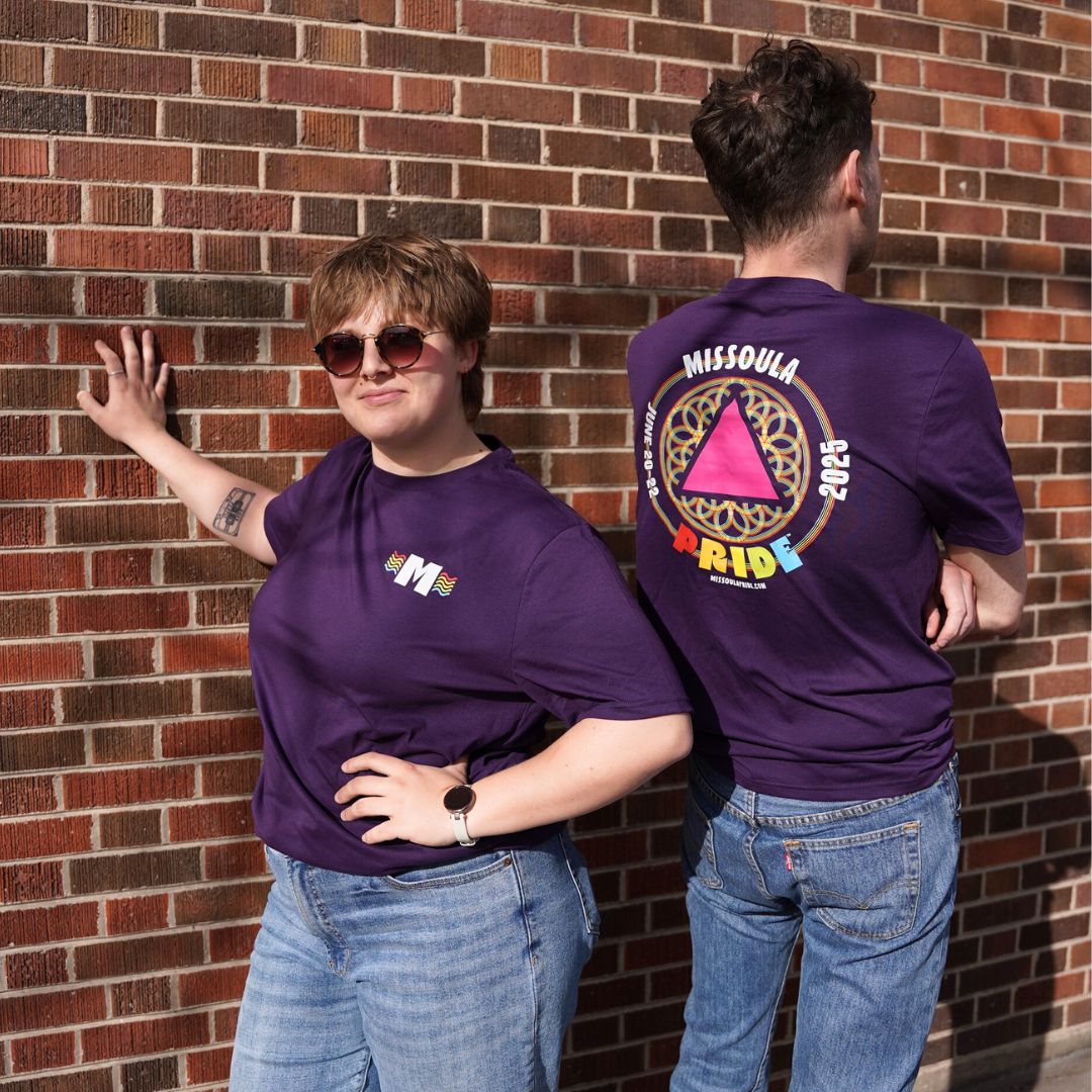 Missoula Pride 2025 Unisex T-Shirt featuring the 2025 Missoula Pride design by local artist T.Lyle, designed and decorated in Missoula, MT, USA