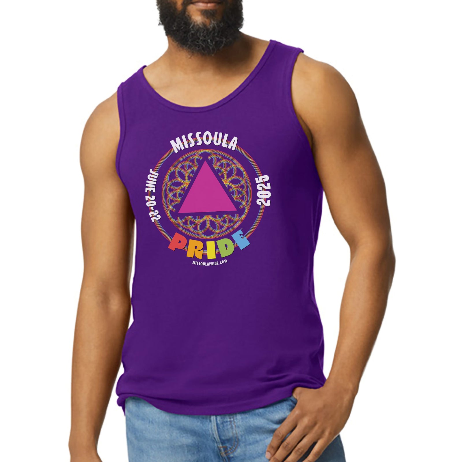 A purple tank top on a male model with the 2025 Missoula Pride design printed on the front.