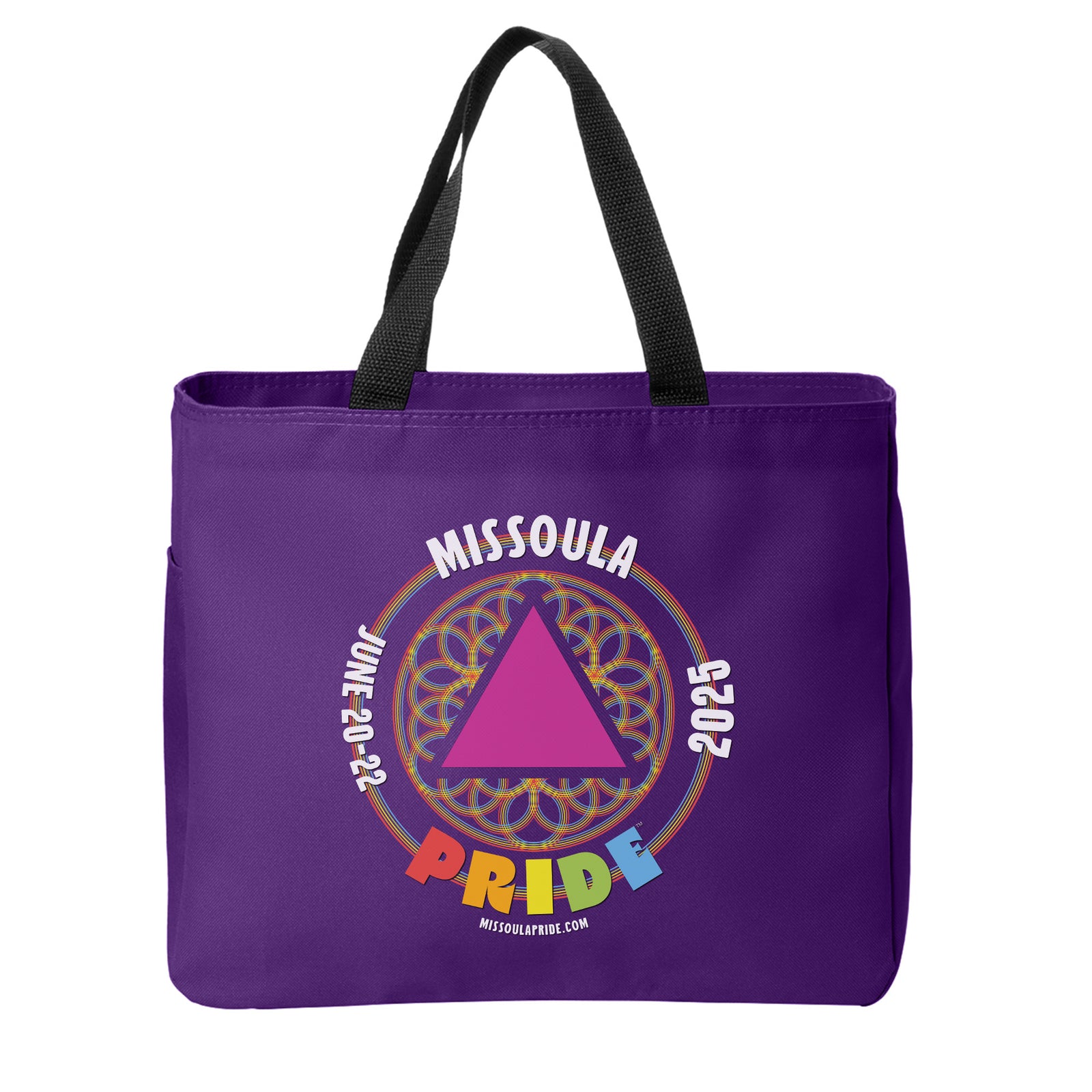Purple tote bag featuring the 2025 Missoula Pride design, made in Missoula, Montana, USA as part of The Last Best Store's merchandise-based fundraising program.