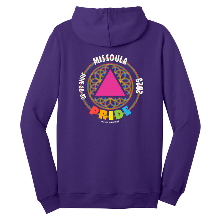Missoula Pride 2025 Unisex Zip-up Hoodie featuring the 2025 Missoula Pride design by local artist T.Lyle, designed and decorated in Missoula, MT, USA