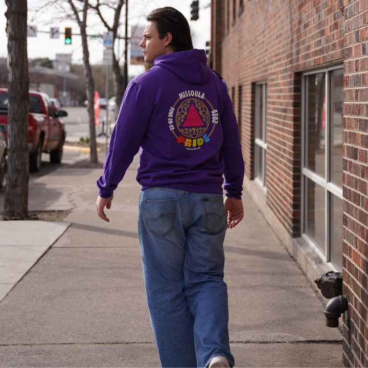 Missoula Pride 2025 Unisex Zip-up Hoodie featuring the 2025 Missoula Pride design by local artist T.Lyle, designed and decorated in Missoula, MT, USA