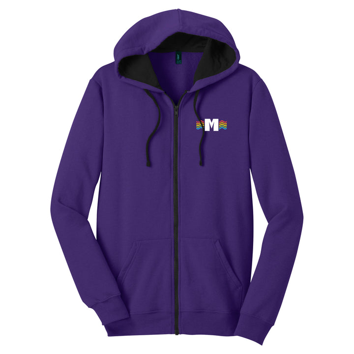 Missoula Pride 2025 Unisex Zip-up Hoodie featuring the 2025 Missoula Pride design by local artist T.Lyle, designed and decorated in Missoula, MT, USA