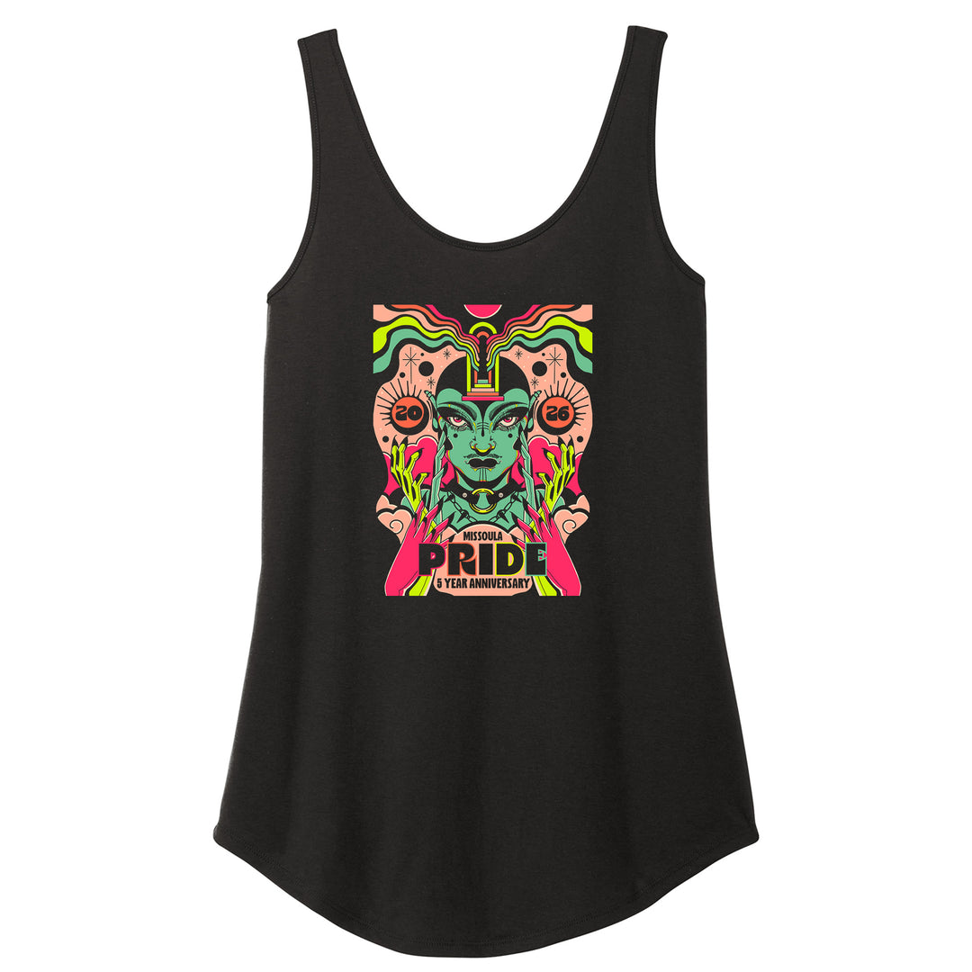 Black femme cut tank top with Missoula Pride 5 Year Anniversary design