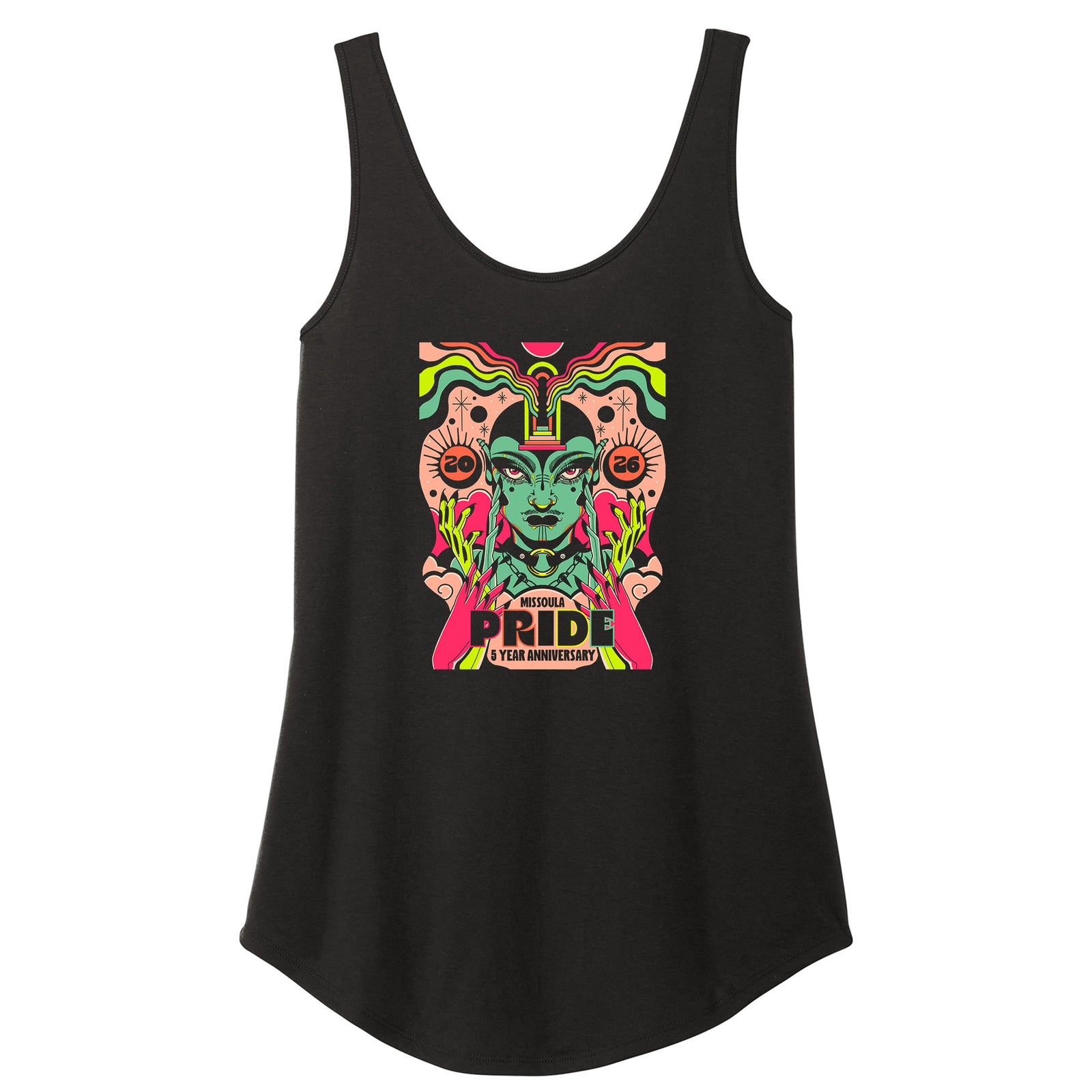 Black femme cut tank top with Missoula Pride 5 Year Anniversary design