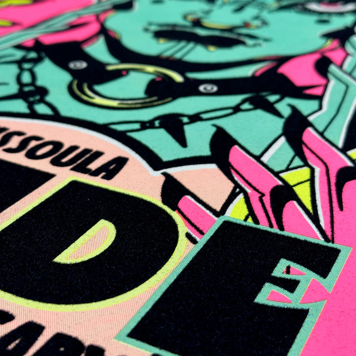 colorful neon fuzzy poster close up for Missoula Pride 5 Year Anniversary 2026 design