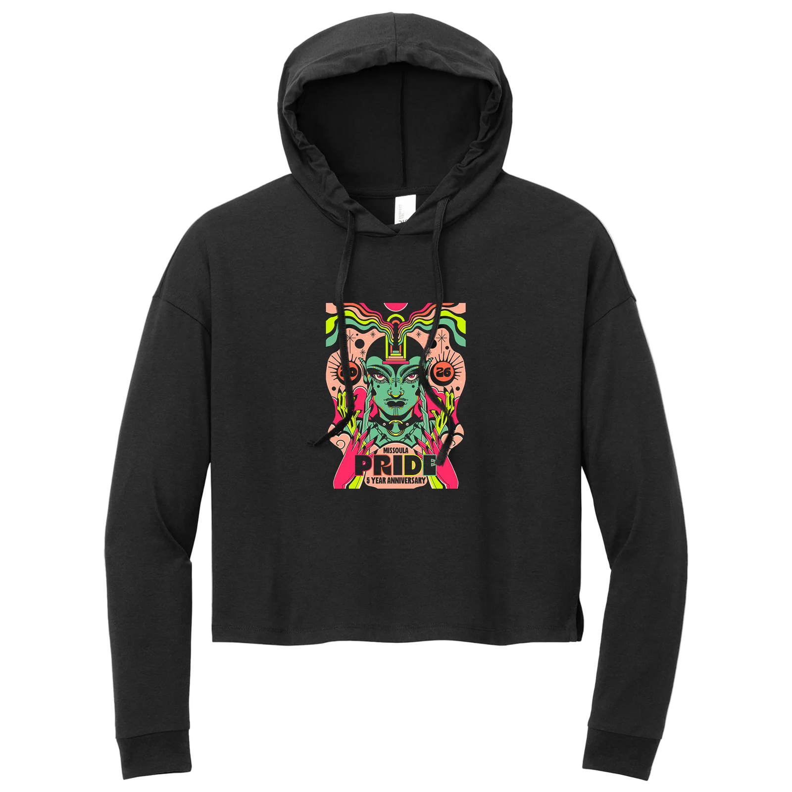 A black mid copped lightweight hoodie with the Missoula Pride 2026 5 Year Anniversary design