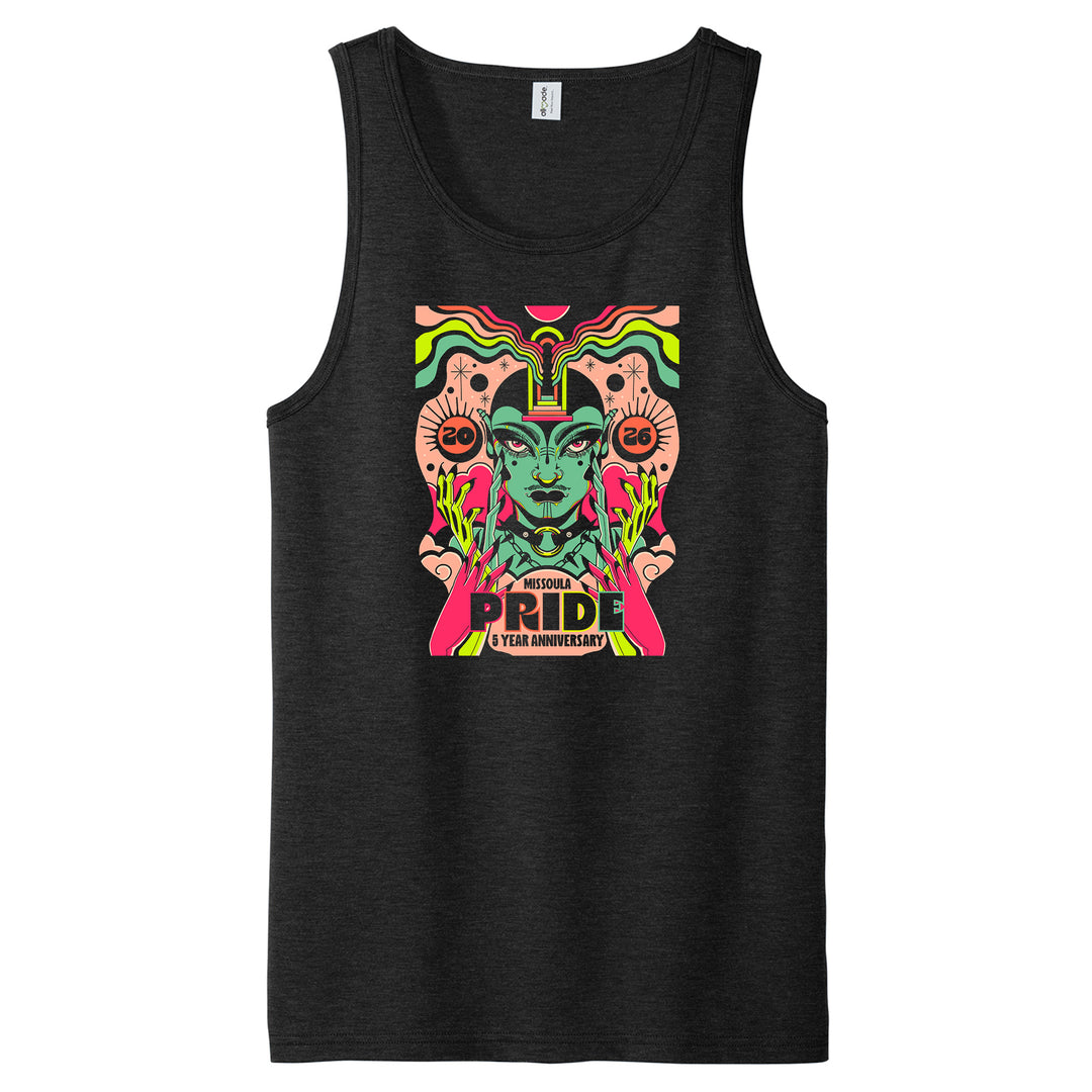 A black unisex tank top with the 2026 Missoula Pride 5 Year Anniversary Design
