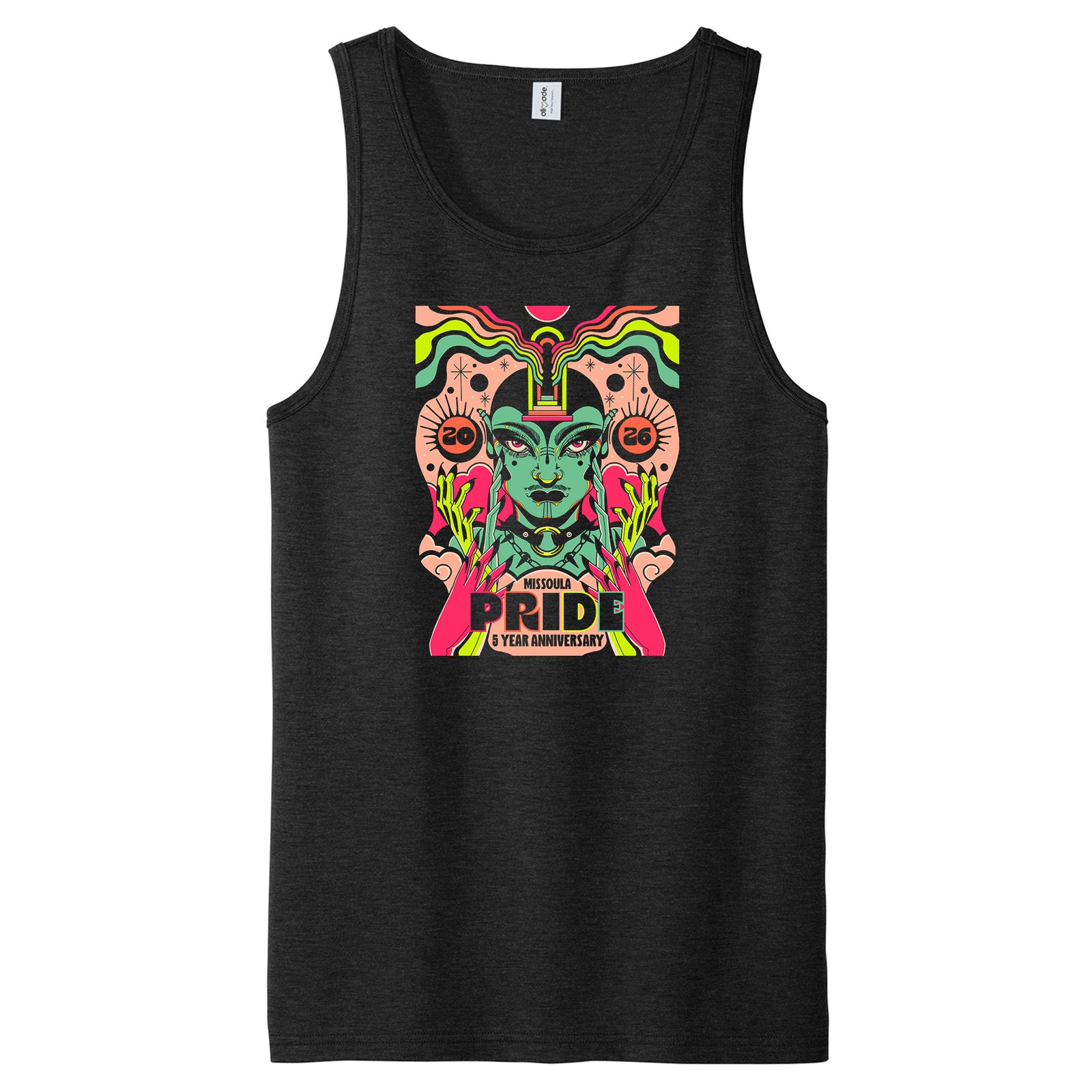 A black unisex tank top with the 2026 Missoula Pride 5 Year Anniversary Design