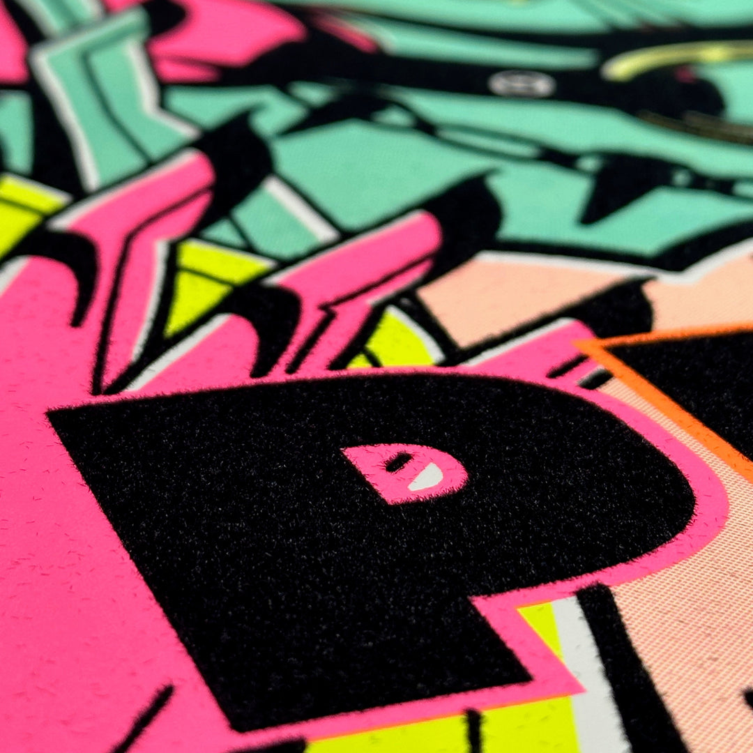 Colorful close up of the Missoula Pride 2026 5 year Anniversary Fuzzy Poster with a prominent letter &