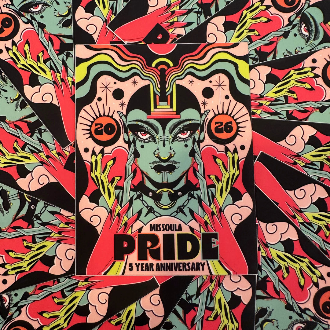 A colorful sticker featuring the 2026 Missoula Pride 5 Year Anniversary Design