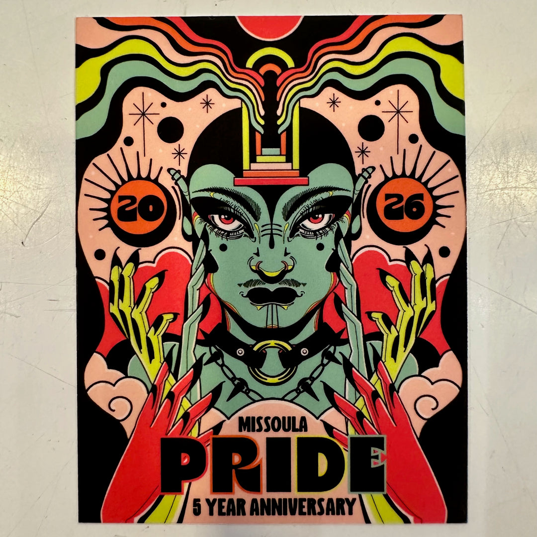 A colorful sticker featuring the Missoula Pride 2026 5 Year Anniversary design