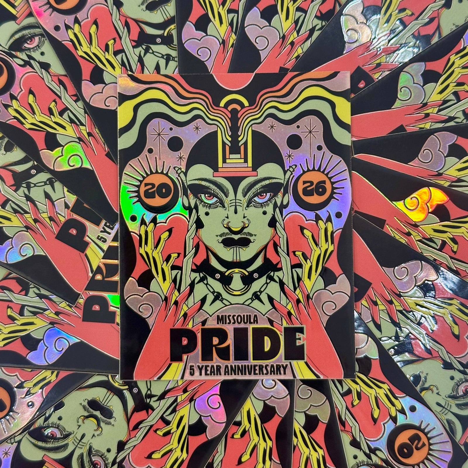 Colorful metallic 3inch vinyl sticker with the Missoula Pride 5 year anniversary design