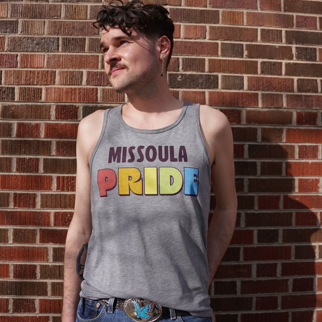 Grey all-gender / unisex tank top featuring the Missoula Pride logo made in Montana, USA; a portion of sales are donated to the Missoula Pride fundraiser.