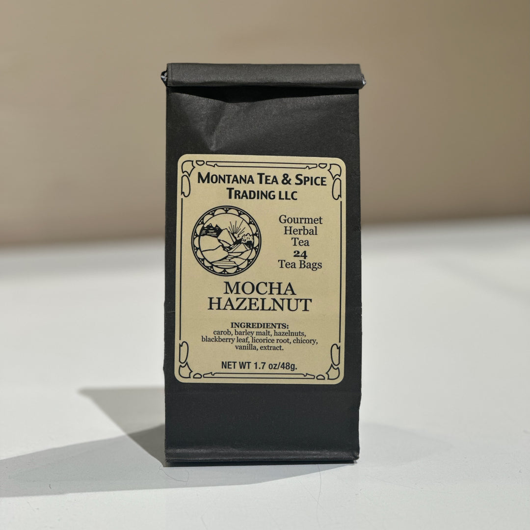 A black bag of tea with a label reading Mocha Hazelnut and Montana Tea &amp; Spice Trading LLC